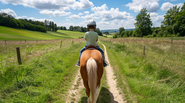 ''wide-angle view of a horse therapy session, child on horseback, calm and supportive environment, outdoor setting'' 