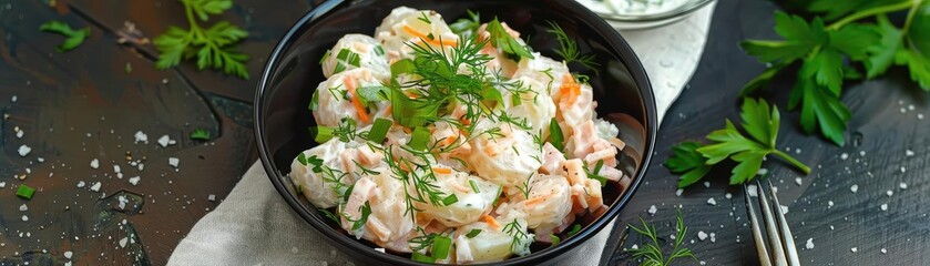 Delicious creamy potato salad garnished with fresh herbs, served in a black bowl. Perfect for a summer picnic or casual meal.