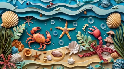 A detailed papercut illustration of a busy seafloor scene. A crab scuttles across the sand, a starfish clings to a rock, and various seashells are scattered throughout, highlighting the diversity of