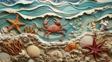 Obraz premium A detailed papercut illustration of a busy seafloor scene. A crab scuttles across the sand, a starfish clings to a rock, and various seashells are scattered throughout, highlighting the diversity of