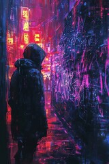 Cyberpunk Street Scene at Night with Neon Lights and Graffiti