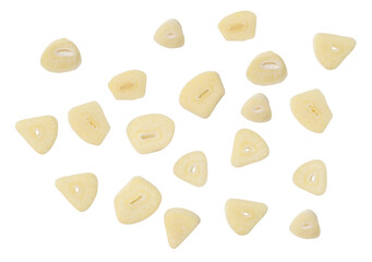 Top view set of garlic slices or pieces scattering isolated on white background with clipping path in png file format