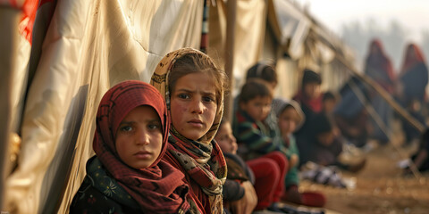 Refugee Rights: A photograph of refugees in a makeshift camp, highlighting the challenges faced by displaced people