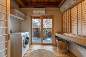 A bright and stylish laundry room in a Japanese home