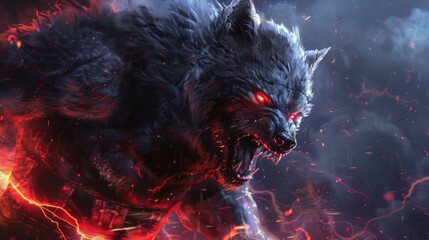 War-ready imposing werewolf portrait with fangs and cinematic lightning concept.