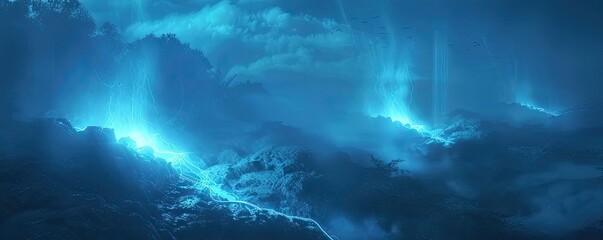 Obraz premium Dramatic blue storm clouds with lightning bolts creating an intense and captivating atmospheric scene, perfect for use in creative projects.