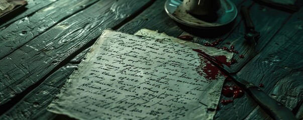 Vintage handwritten letter with bloodstains on old wooden table, creating a mysterious and eerie atmosphere.