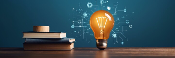 Innovative Education: Creative Light Bulb with Icons for Learning. Copy Space, Wide Cover Photo.