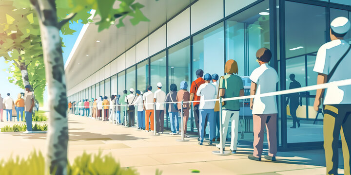 Access to Healthcare: An image of long lines outside a clinic, representing the challenge of accessing healthcare services in underserved communities