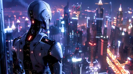 Naklejka premium Futuristic robot overlooking a vibrant cityscape bathed in neon lights, capturing the essence of sci-fi and technology.