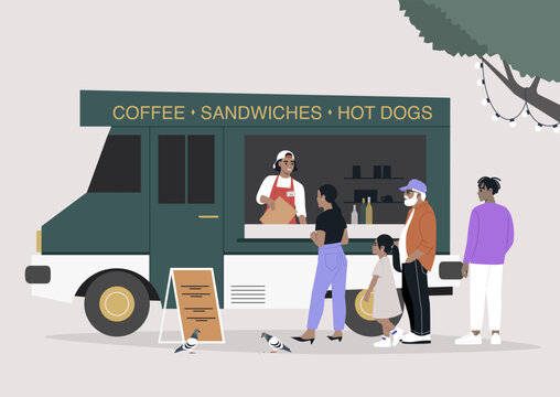 A food truck offers coffee, sandwiches, and hot dogs to customers, including a family, under a shaded tree