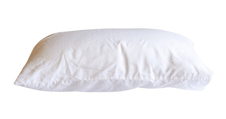 Obraz premium Side view of white pillow with case after use in hotel or resort room isolated with clipping path in png file format