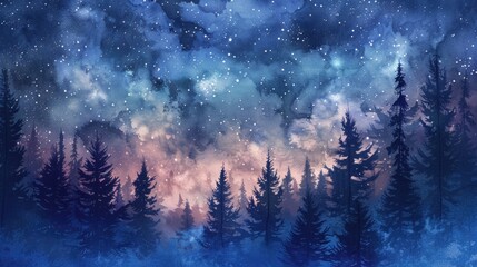 Naklejka premium Watercolor Illustration Landscape with Fantastic Starry Sky and Forest.