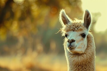 Obraz premium Closeup of a calm alpaca's face basked in the warm sunset light, with a softfocus nature background