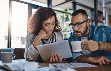 Tablet, coffee or couple with financial budget, investment growth or planning savings online on website. Inflation, interest rates or people reading recession news for bills or household expenses