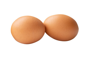 Side view of two brown chicken eggs isolated with clipping path in png file format