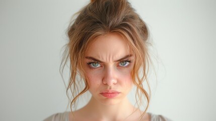 Portrait of a young woman with a serious expression on her face.  She is looking directly at the camera with a furrowed brow and a slight frown.