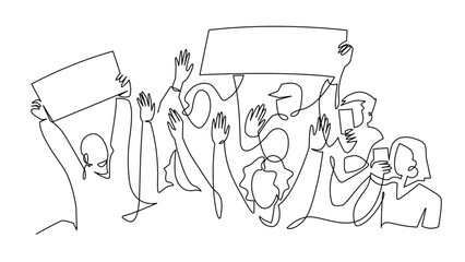 A crowd of people waves and cheers, a fan meeting drawn minimally in one continuous line. Human hands with a poster, a welcome banner vector illustration. People at a music concert