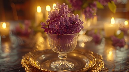 lilac in the glass and burning candles 