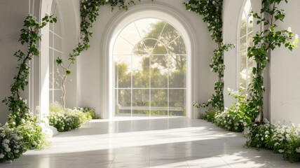 Elegant white room with arched window, perfect for wedding or event photography. Minimalist interior design with green plants and natural light.