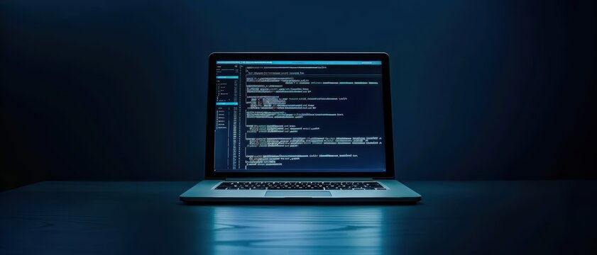 Open laptop with coding software on screen, dark mode, minimalist workspace