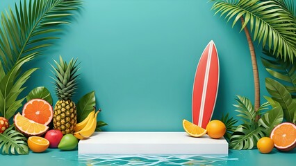 Summer product display with tropical fruit, surfboard and palm leaves.
