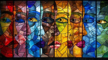Vibrant Multicolored Stained Glass Mosaic of Faces in Abstract Representation