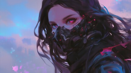 "Futuristic Femme: Illustration of a Woman Wearing a Mask in a Cyberpunk Theme"