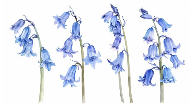 Watercolor set of wild flowers, hand drawn illustration of bluebells isolated on a white background