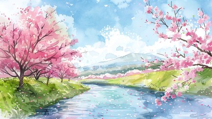 Watercolor style illustration of a spring landscape with pink cherry blossoms next to a river