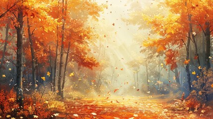 Autumn Forest Path with Falling Leaves and Sunlight