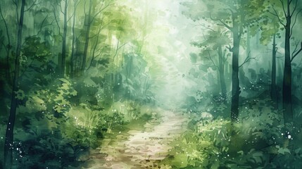 Fototapeta premium Watercolor style painting of a path in a forest landscape