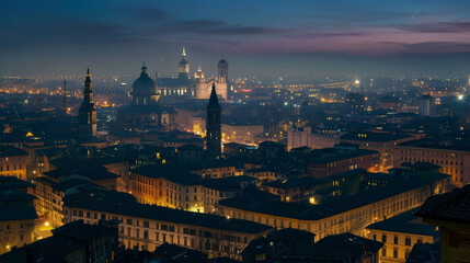 Obraz premium A city at night with many buildings lit up