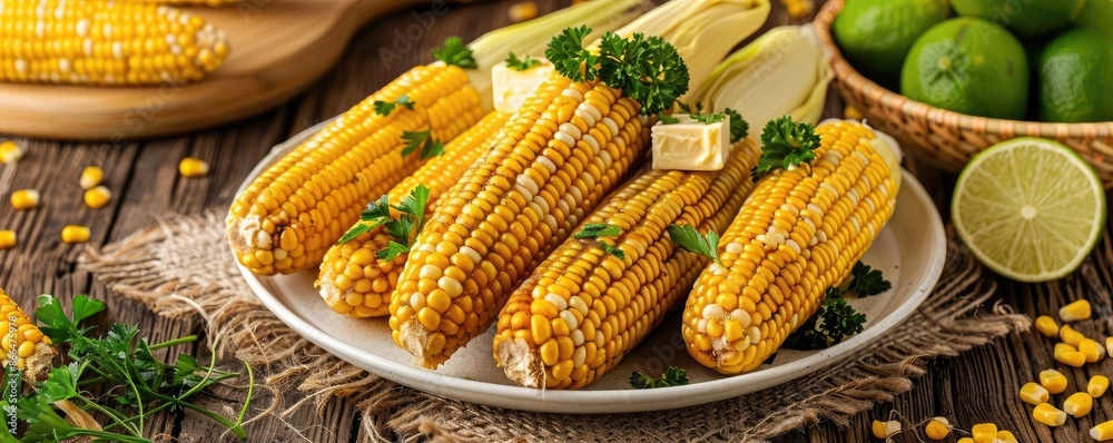 Wall mural Fresh corn on the cob on a rustic plate garnished with herbs and served with lime, showcasing a delicious summer dish. - Wall murals