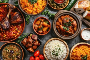 West African food concept. Traditional West African dishes assortment (rice, chicken, beef, pork, plantain , etc.), top view