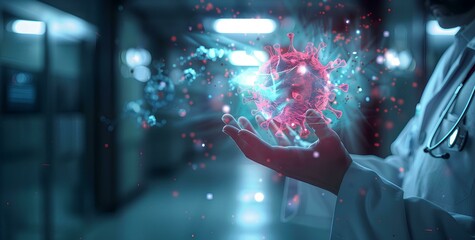 A doctor holds up a holographic medical interface showing images of the human brain and some medical data