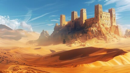 In this animated movie still, towering sand dunes and ancient ruins are surrounded by mysterious oases in a vast desert landscape