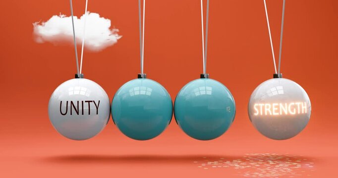 Unity leads to strength. A Newton cradle metaphor in which unity gives power to set strength in motion. Cause and effect relation between unity and strength. Can be looped