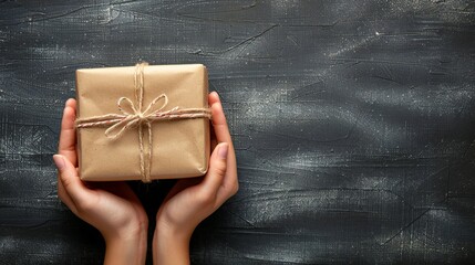 Thoughtful Gift Giving Concept - Hand Holding a Gift Box on Chalkboard Background
