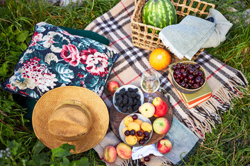 a cozy spot on the shore by the water for a picnic with a plaid, pillows and fruit