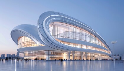 Naklejka premium A large building with a curved roof and many windows