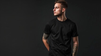 Obraz premium A man wearing a black t-shirt, standing against a black background
