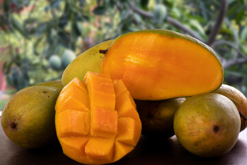 Image of sliced ripen mango with a point focus.