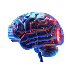 Futuristic digital brain with glowing circuits symbolizing artificial intelligence and advanced technology in a vibrant blue and red color scheme.