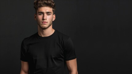 Fototapeta premium Man wearing a black t-shirt mockup on a dark background