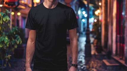 Man wearing blank black t-shirt mockup, standing in a city alleyway at night