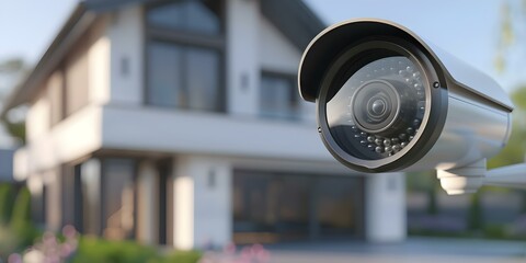 Contemporary surveillance camera installed outside a residence. Concept Home Security, Surveillance Technology, Privacy Concerns, Residential Safety