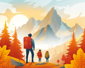 Fototapeta premium Three people trekking in the mountains and standing on a lookout high above a misty valley with majestic mountains in the background, hiking, travel, outdoors 