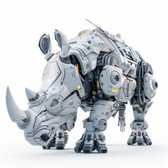Naklejka premium A conceptual image of a cyber rhino with reinforced armor plating and laser horns, isolated on a clean white background