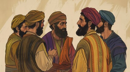 Naklejka premium Genesis,Joseph's Brothers Return to Egypt,Vibrant and Powerful Illustration of Joseph's Forgiveness, Highlighting Family and Divine Plan,Christian banner